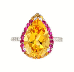 Pear Cut Citrine Sapphire and Diamond 14 Karat White Gold Ring 