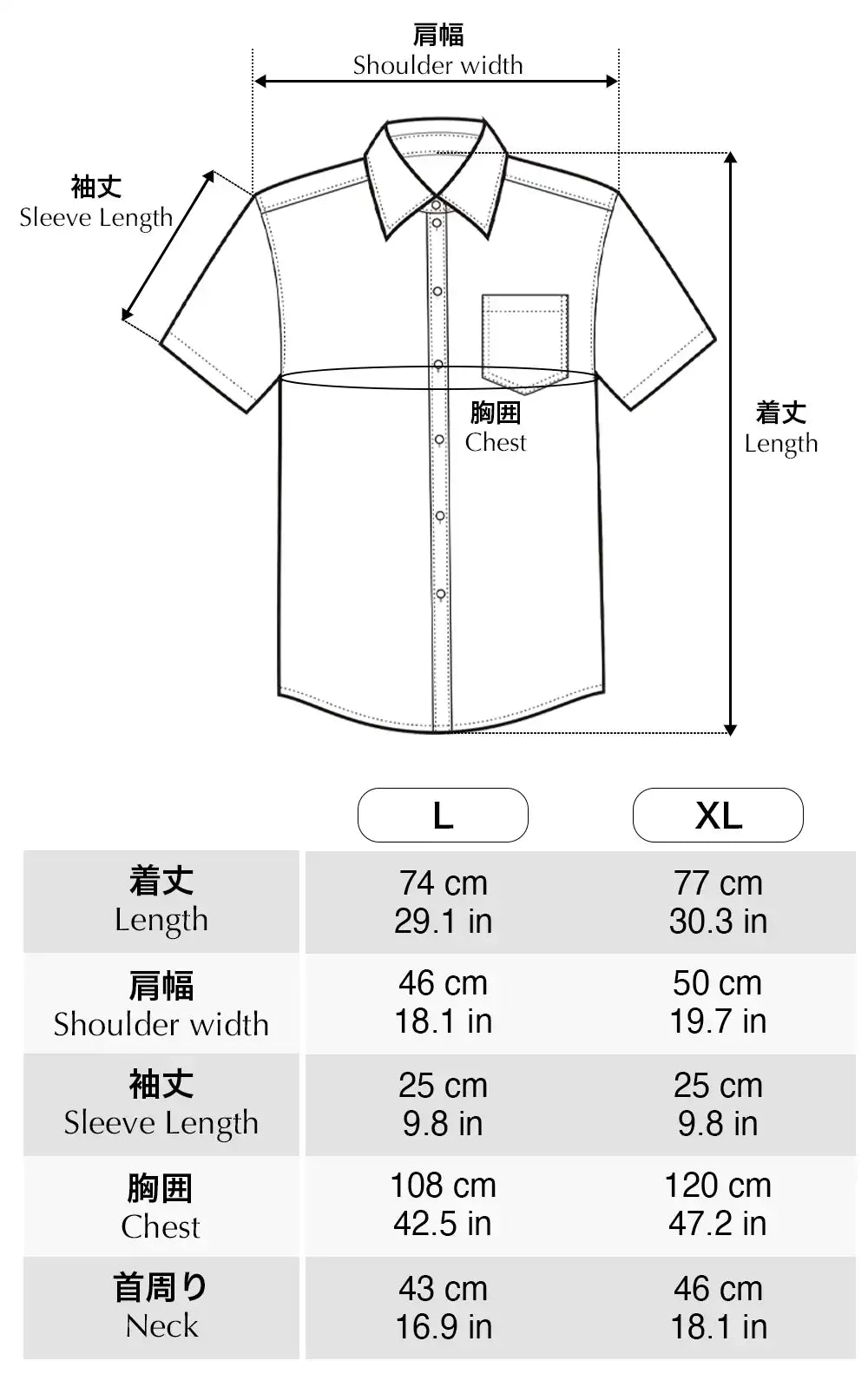 着物シャツ半袖のサイズガイド