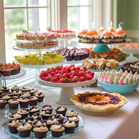 mage of a nicely designed dessert table with french pastries and desserts