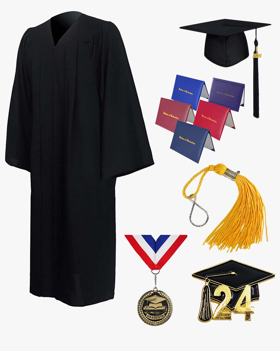 5 Pieces 2022 Matte Graduation Gown Cap Tassel Set Unisex Adult Graduation  Gown Set Uniforms Matte Graduation Robe Set, Black and Gold, 54 :  Amazon.in: Toys & Games