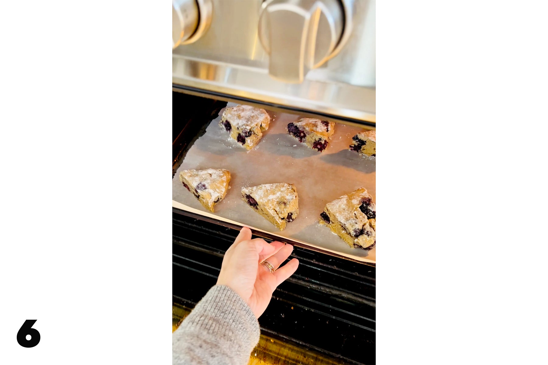 adding gluten free blackberry scones to oven