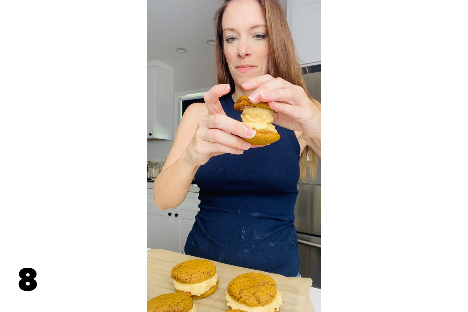 woman assembling gluten free pumpkin whoopie pies