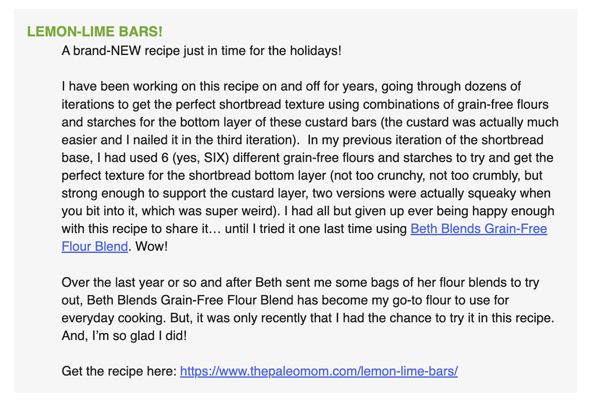 text from The Paleo Mom about Beth Blends and recipe