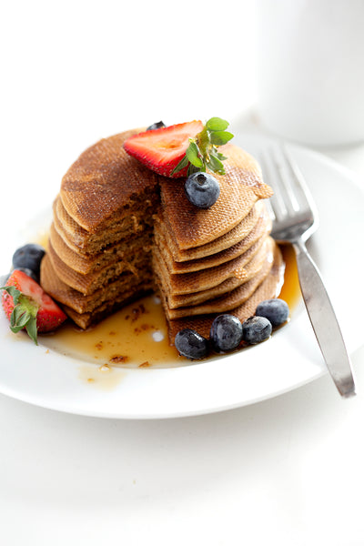 stack of Paleo Pancakes with bite missing