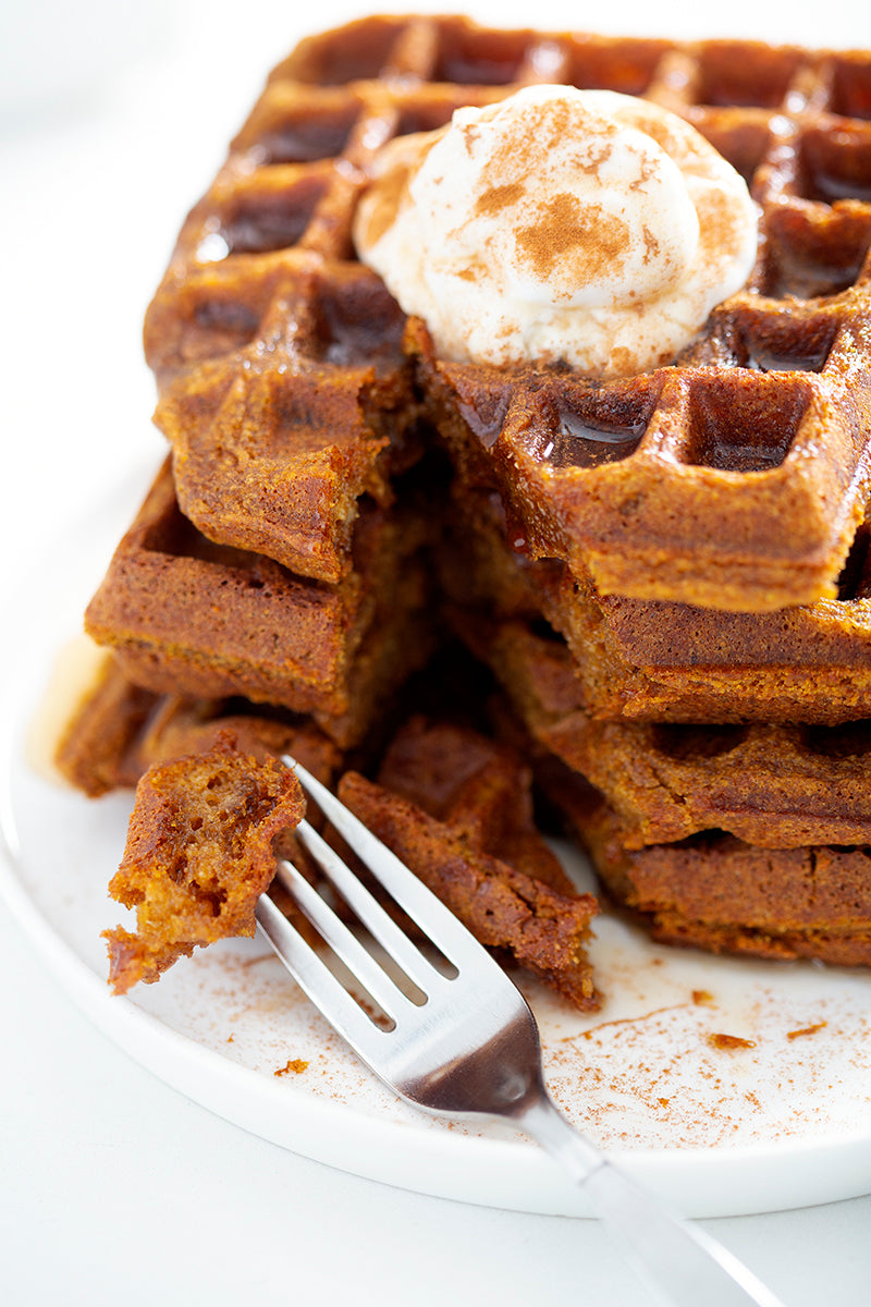 forkful of paleo pumpkin spice waffles