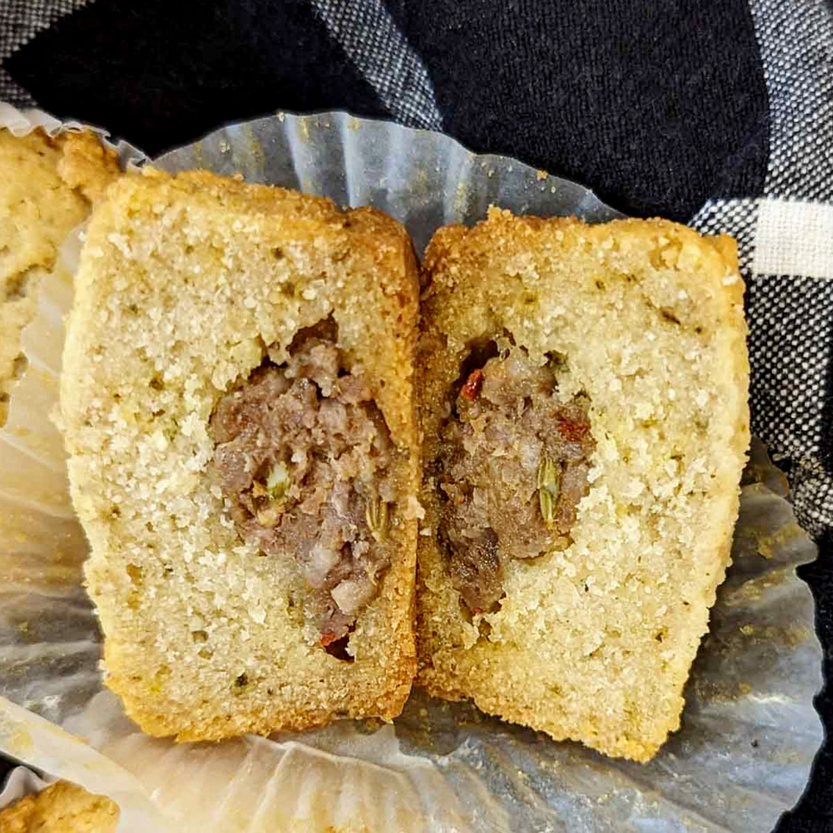 sausage stuffed muffin split in half