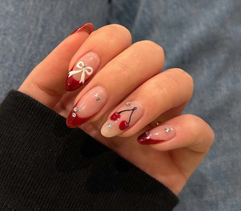Red and White Diamond Accented Nail Art