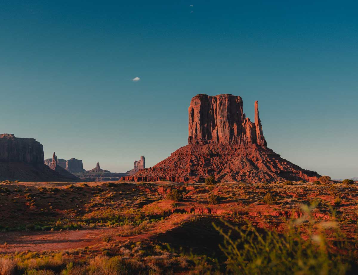Towering red sandstone butte in Monument Valley, Arizona
