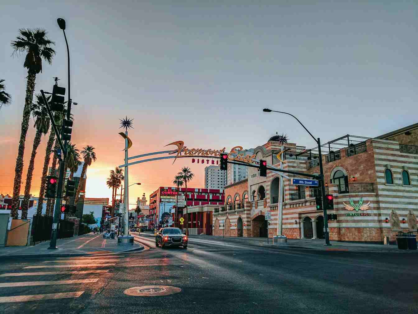 Image of a Las Vegas intersection at sunset.