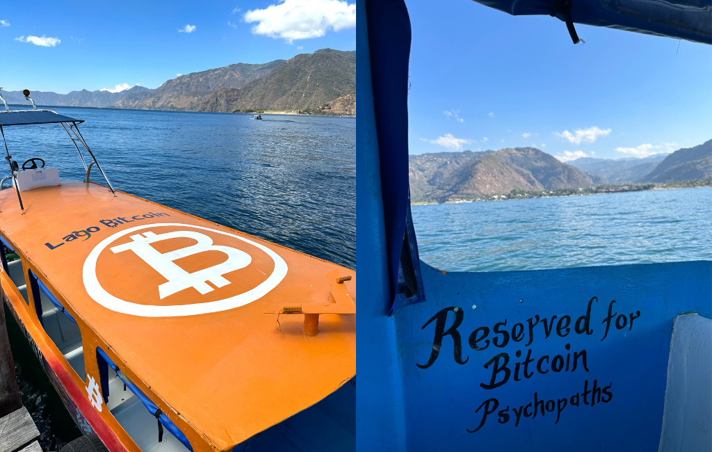 two images side by side of the bitcoin boat at lake atitlan