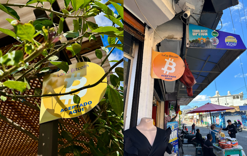 two images side by side of bitcoin logo signs outside of stores in guatemala