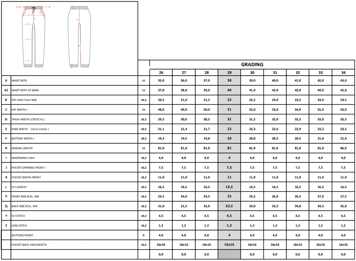 jeans size chart