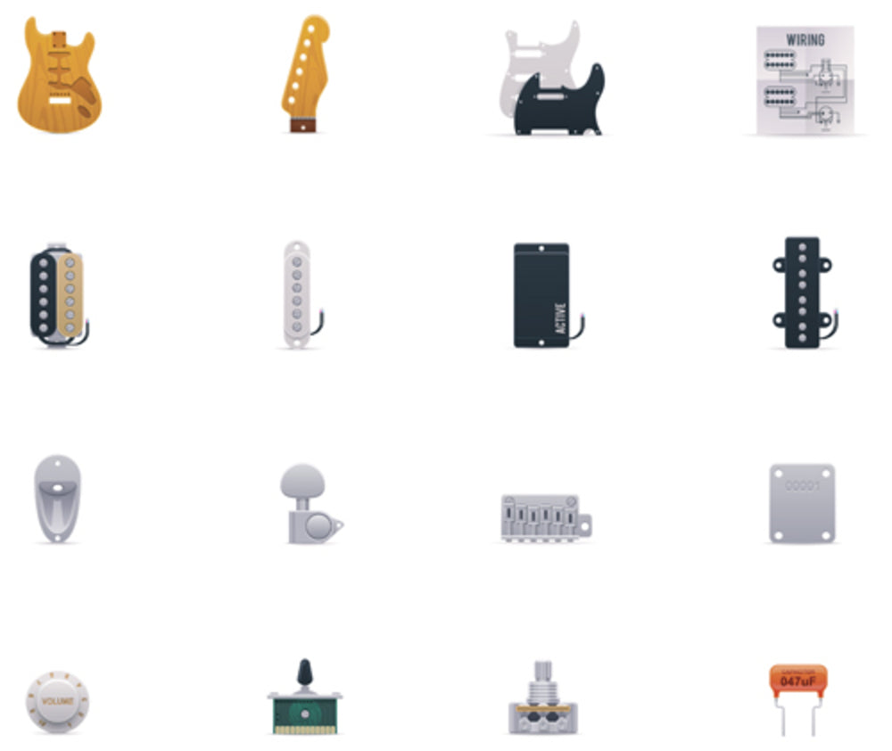 electric guitar parts including body, neck, pickups, scratch plates, knobs, tuners, switches and other