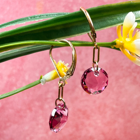 Minimal pink Swarovski drop earrings with 14K gold fill details.