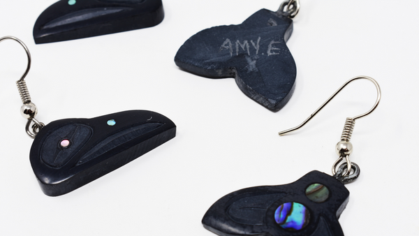 Argillite jewellery hand-carved with black slate stone from Haida Gwaii. Artist "Amy E." hand cares her name into the back of the earrings.