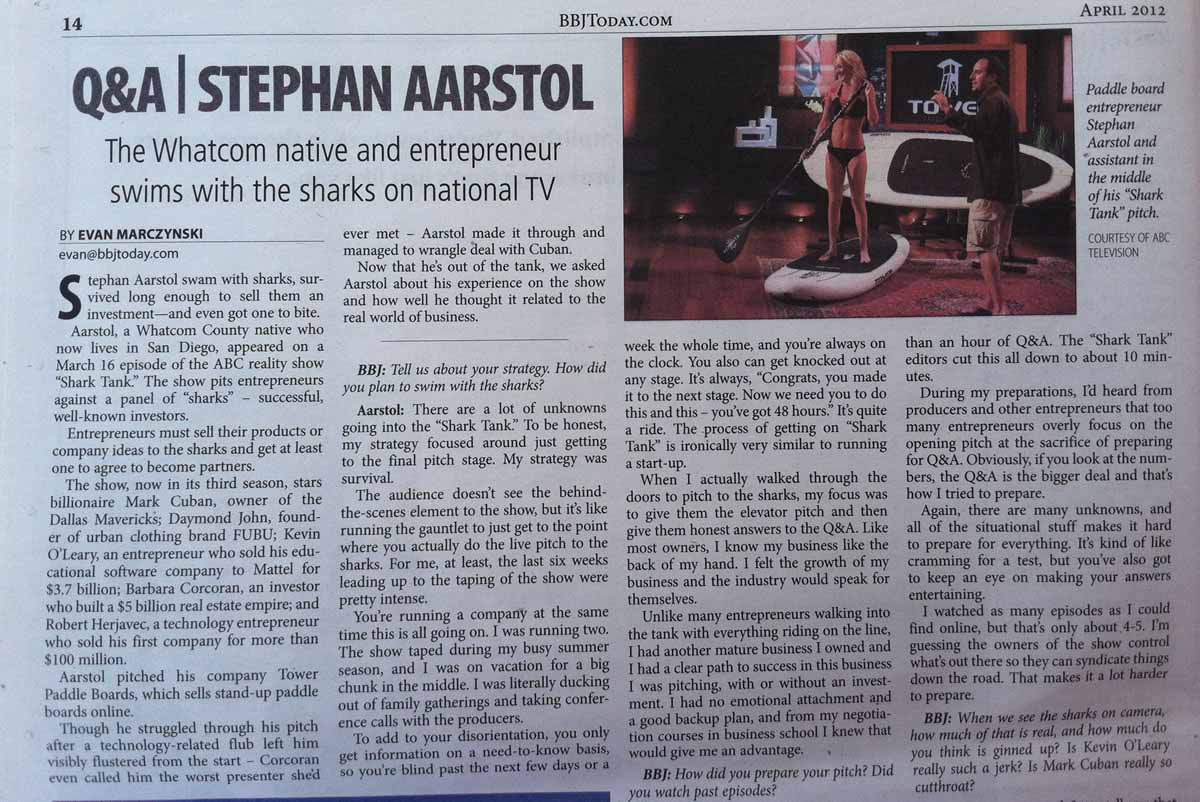 Bellingham Business Journal Article on Tower Paddle Boards Shark Tank Appearance
