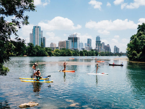 people paddle boarding in a lake in a park
