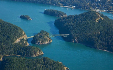 aerial view of a bridge going over a large river