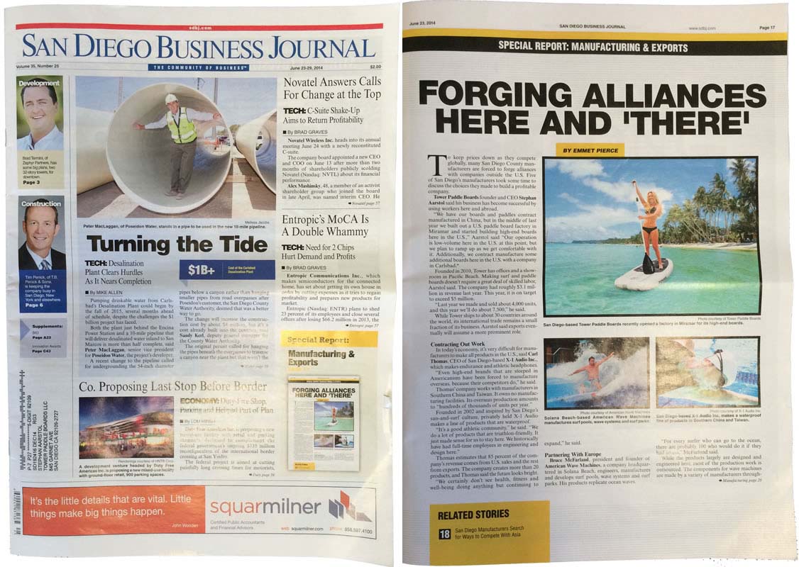 San Diego Business Journal Article on Tower Paddle Boards