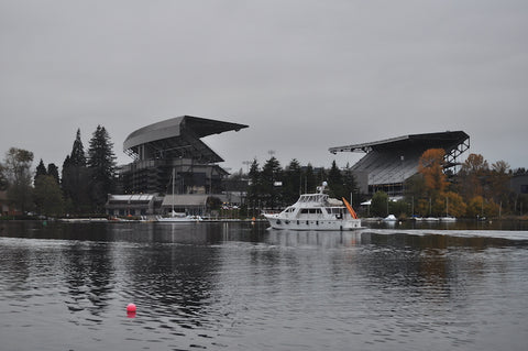 stadium with a lake in the forefront