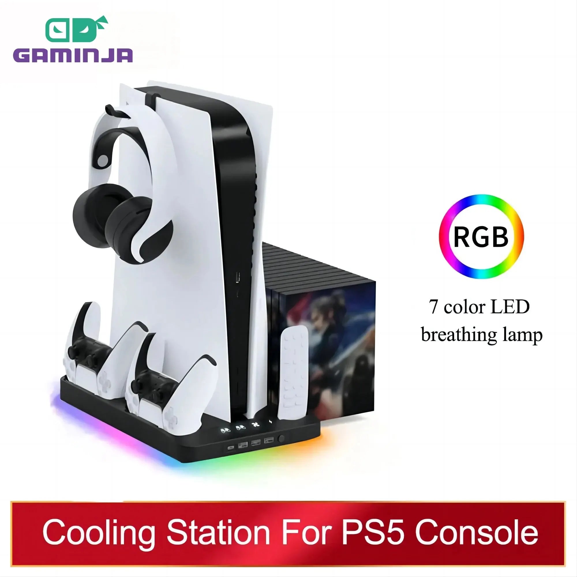 PS5 Slim Stand and Cooling Station with RGB 7 LED Controller Charging Station With RGB Light Cooling Fan Dual Controllers Charger For Playstation 5