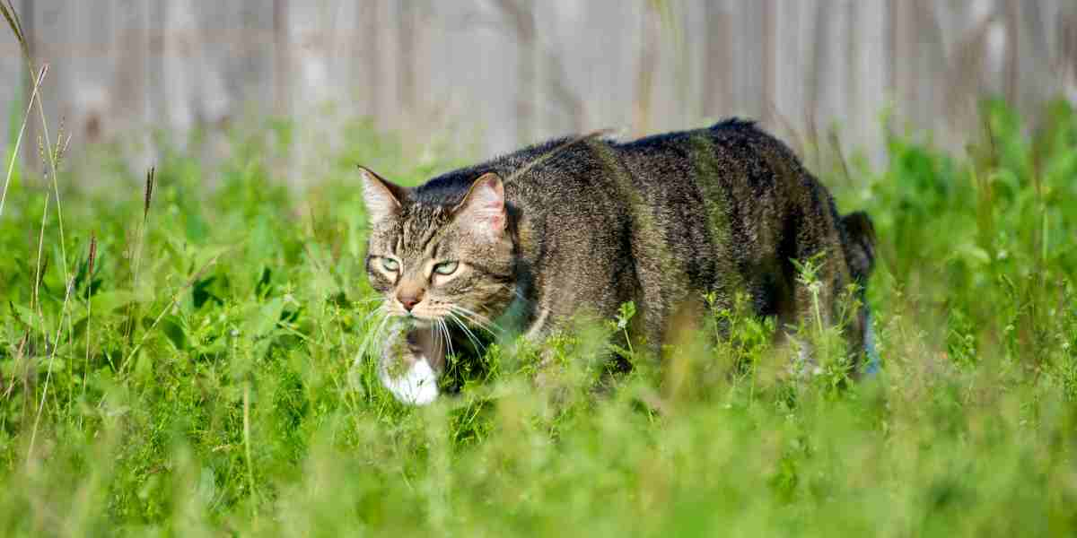 Domestic cat focused on hunting, crouched in lush green grass, showcasing instinctual behavior.