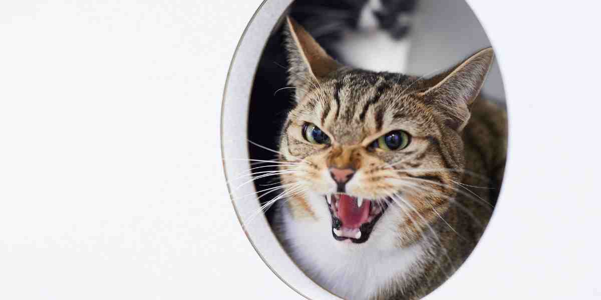 An agitated brown tabby cat hissing, representing the emotional factors that can influence litter box avoidance in cats