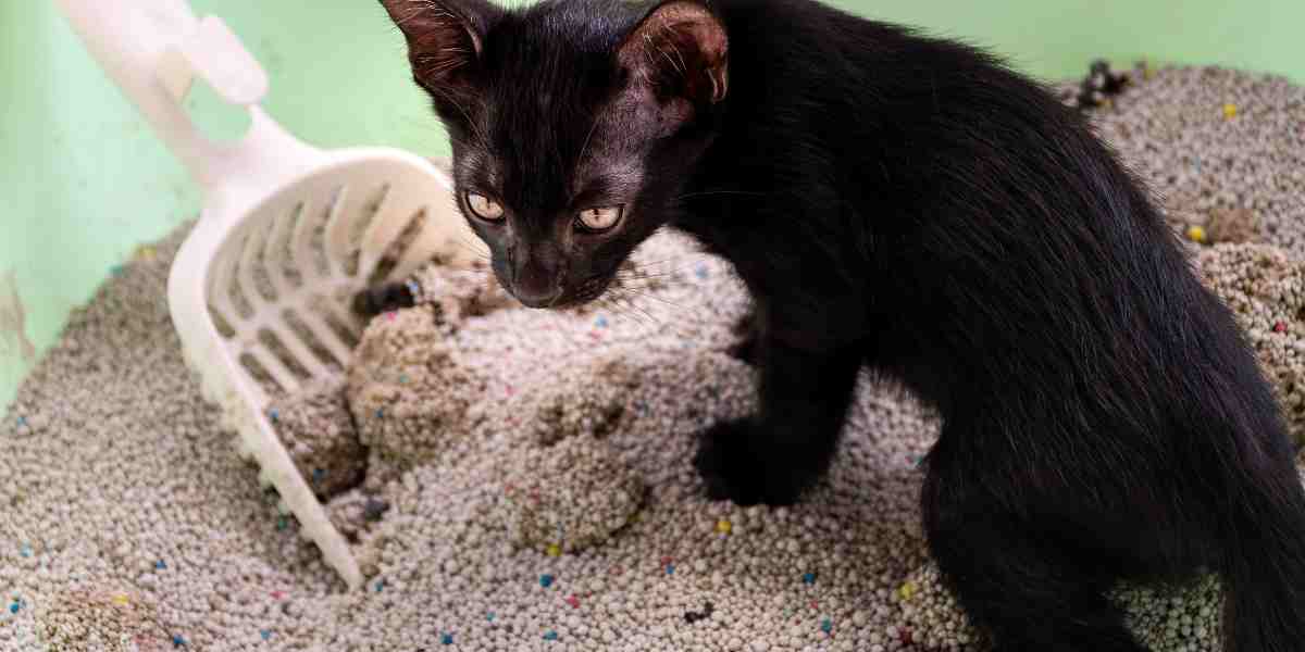 A black kitten stands in a dirty litter box, indicating the need for regular litter box cleaning and maintenance.