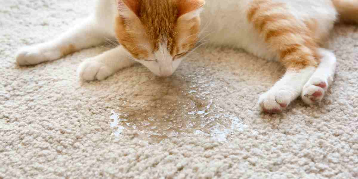 Orange and white cat sniffing a urine puddle on a beige carpet