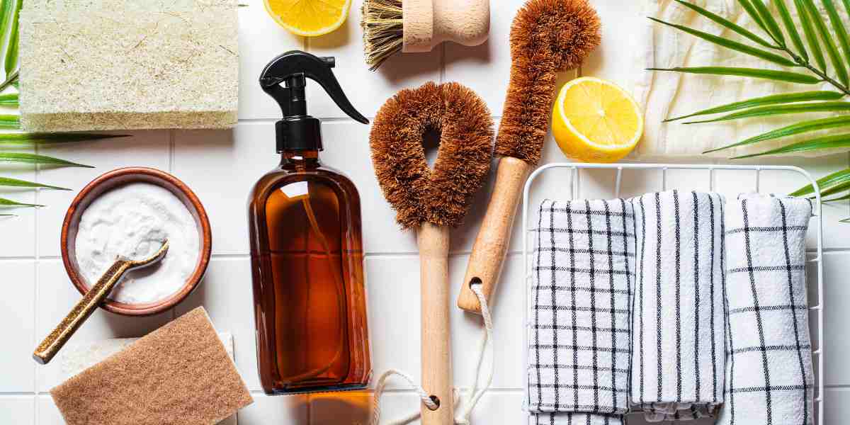 Eco-friendly home cleaning products with natural brushes and sponges, zero waste lifestyle