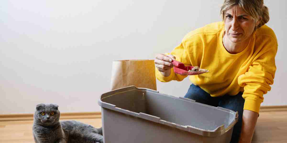 Woman scooping stinky cat litter in a grey box with a curious cat watching