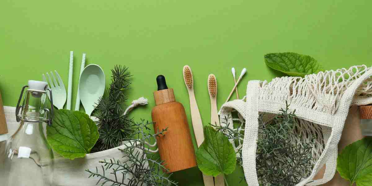 Zero waste eco-friendly home products on a green background, sustainable living concept