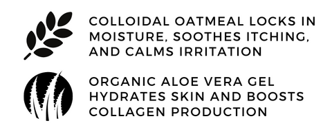 Skin Soothing Bubble Bath by Fervor Candle Company skin soothing ingredient benefits list. Active ingredients include: Colloidal Oatmeal to lock in moisture, soothe itching, and calm irritation; and Organic Aloe Vera Gel to hydrate skin and boost collagen production.