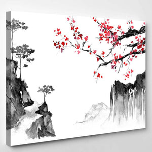 Japanese Sakura And Mountain - Canvas Art Wall Decor