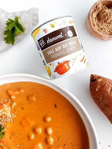 Rezept: Erdnusssuppe mit Süßkartoffeln, vegan, mit ehrenwort. BIO Voll auf die Nuss Erdnuss Curry