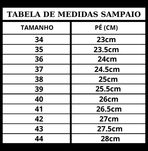 Tabela de Medidas Loja Sampaio www.lojasampaio.com.br
