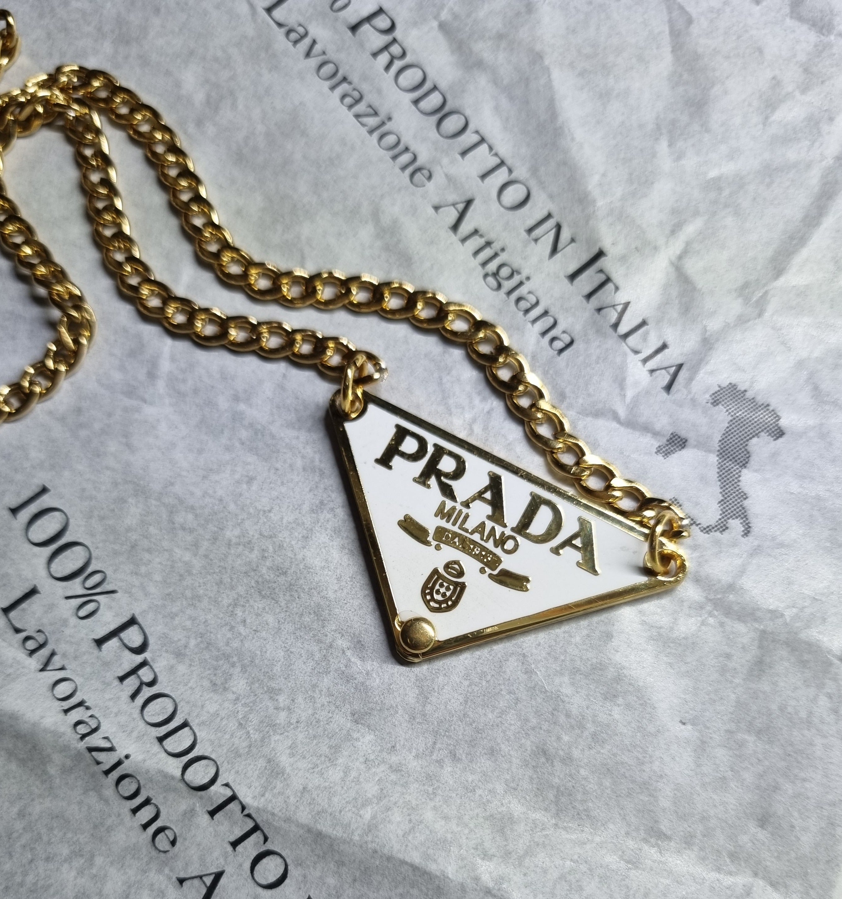 90s Authentic tag Prada WHITE AND GOLD necklace 50 cm pendant acciaio –  vintagelove1990