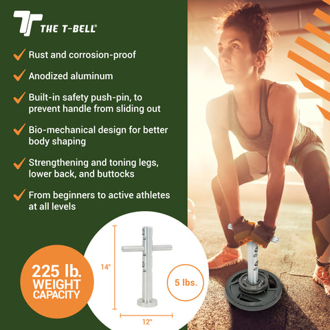 A female using the T-bell in a workout and lists the benefits of the T-bell