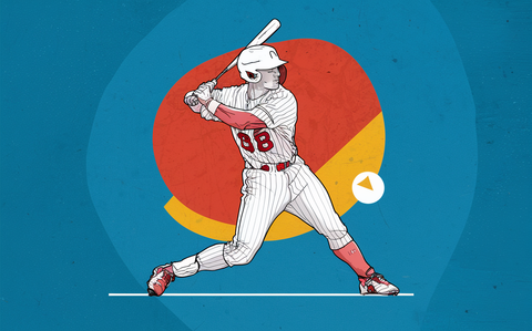 An illustration of a baseball batter in a batting stance, demonstrating plate discipline by swinging at a pitch.