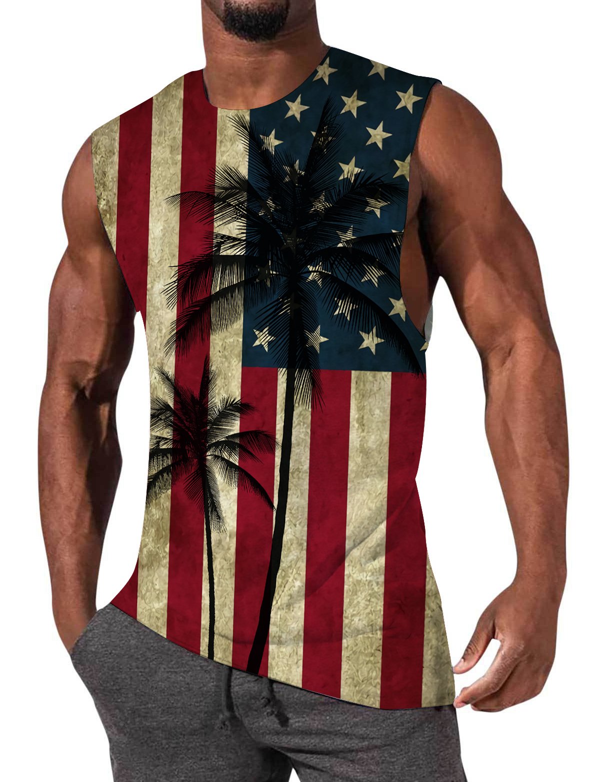 Men's Coco Hawaiian Vintage American Flag Print Sleeveless T-Shirt ...