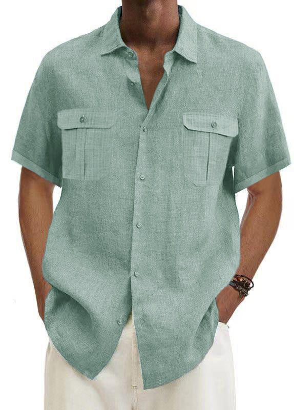 Men's Shirts Double Pocket Cotton Linen Short Sleeve Shirts Casual Vac ...