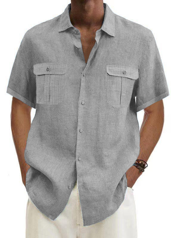 Men's Shirts Double Pocket Cotton Linen Short Sleeve Shirts Casual Vac ...