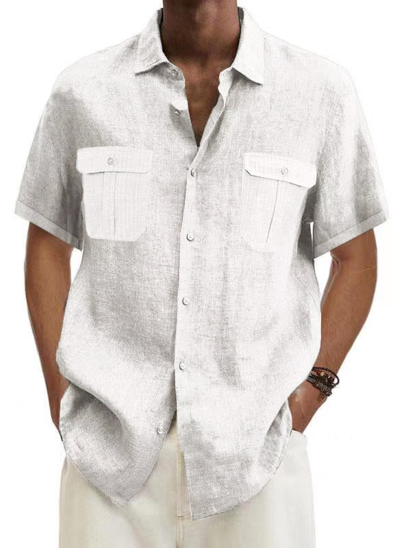 Men's Shirts Double Pocket Cotton Linen Short Sleeve Shirts Casual Vac ...