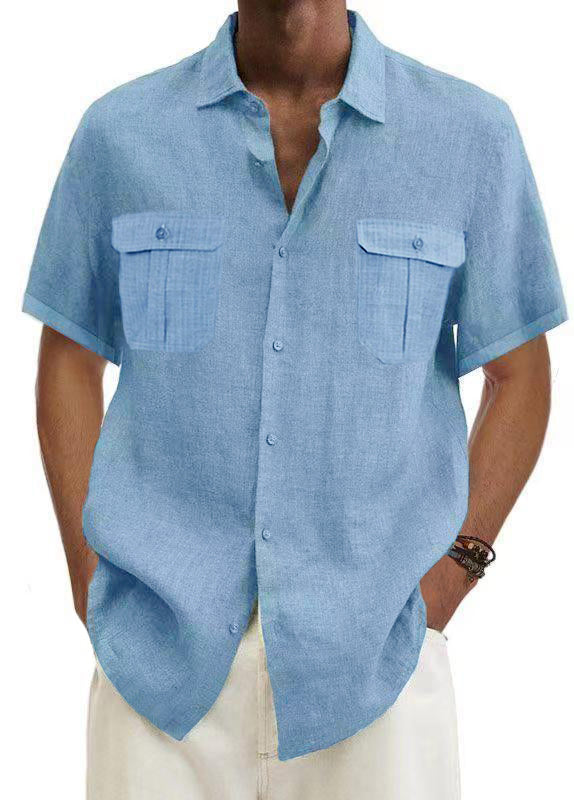 Men's Shirts Aloha Style Double Pocket Cotton Linen Short Sleeve Shirt ...