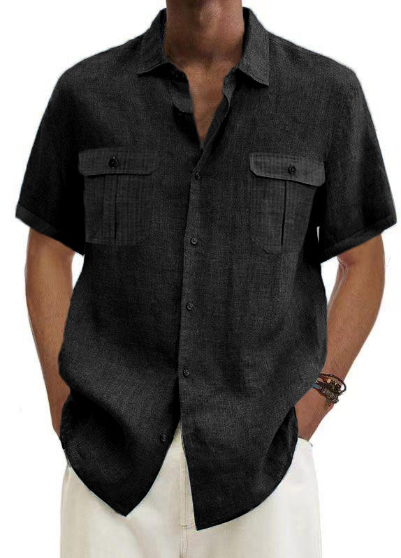 Men's Shirts Double Pocket Cotton Linen Short Sleeve Shirts Casual Vac ...