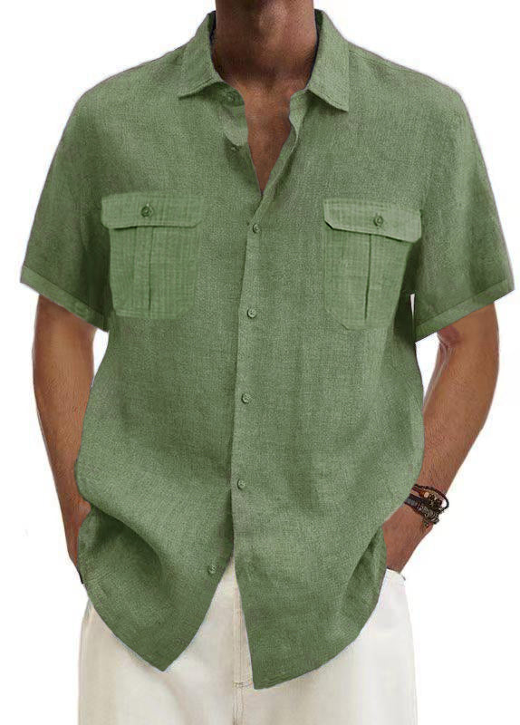 Men's Solid Color Double Pocket Cotton Linen Casual Short Sleeve Shirt ...