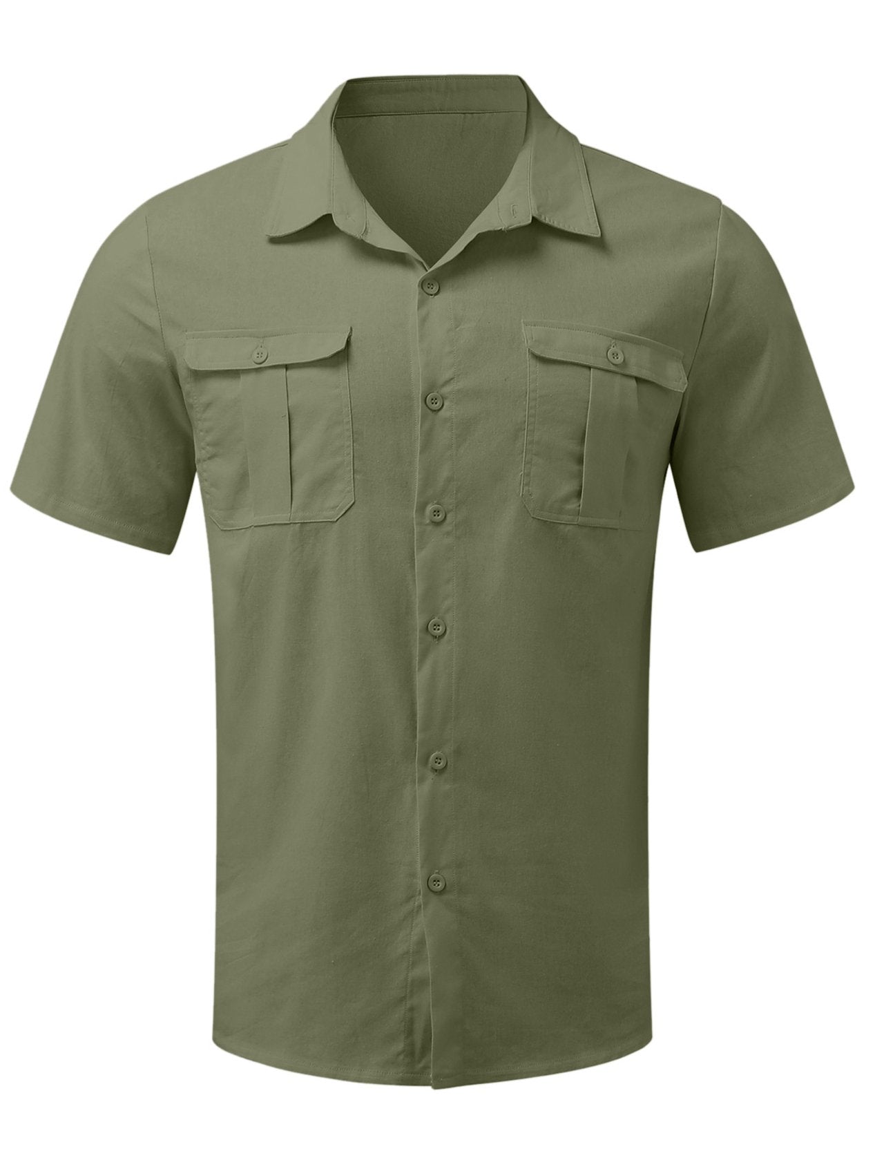 Men's Solid Color Double Pocket Cotton Linen Casual Short Sleeve Shirt ...