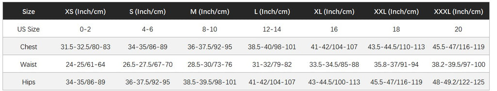 Women's Cosplay Costumes Size Chart