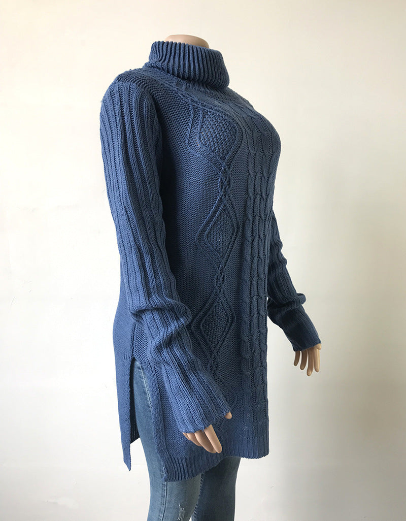 Long hem split-twist turtleneck sweater