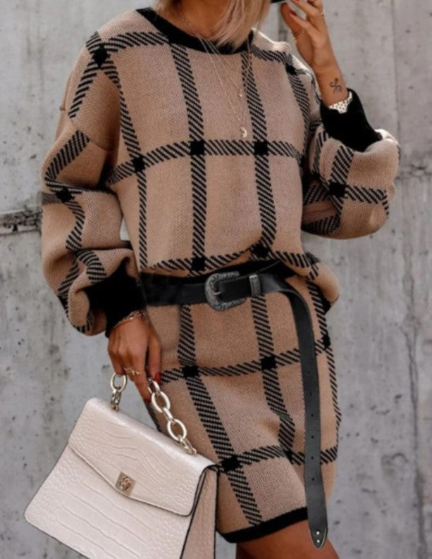 Large Plaid Pullover Long Sleeve Woolen Skirt Suit Two-piece Set